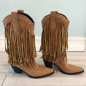 Fringe boho cowgirl boots in tan brown